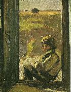 Viggo Johansen blinde- christian siddende i doren til sit hus oil on canvas